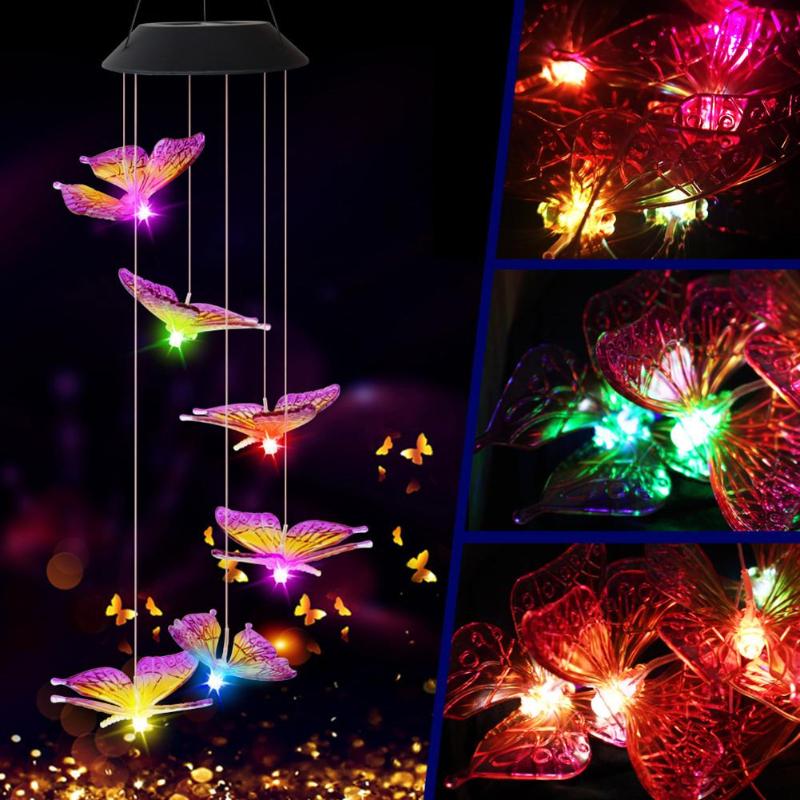 6LED Solar Power Changeable Light IP65 Waterproof Colorful Butterfly Wind Chime Lamp for Home Outdoor Garden Yard Decoration