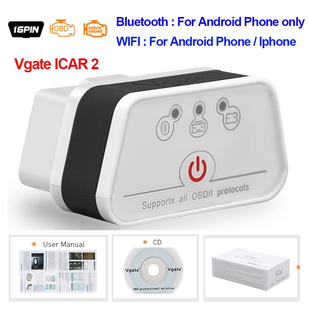 Vgate iCar2 obd2 bluetooth scanner ELM327 V2.2 obd 2 wifi icar 2 car tools elm 327 for android/PC/IOS code reader free shipping