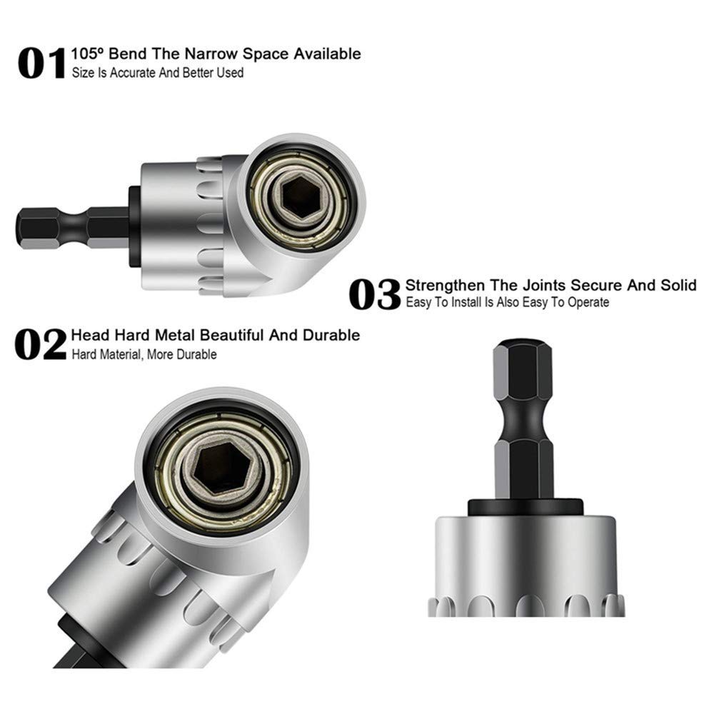 BINOAX 7mm-19mm Universal Socket Grip Ratchet Wrench Power Drill Adapter &amp; 105 Degree Right Angle Driver Extension Power Drill B