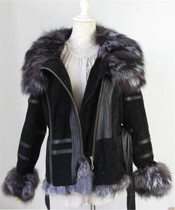 IANLAN Genuine Leather , Silver Fox Fur Collar & Cuff  Jacket