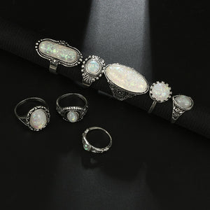 Tocona Vintage Antique Silver Color Rings Sets Colorful Opal Crystal Stone Carve for Women Men Bohemian Jewelry Anillos 6421