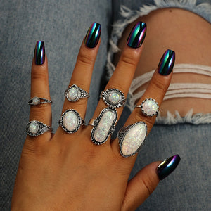 Tocona Vintage Antique Silver Color Rings Sets Colorful Opal Crystal Stone Carve for Women Men Bohemian Jewelry Anillos 6421