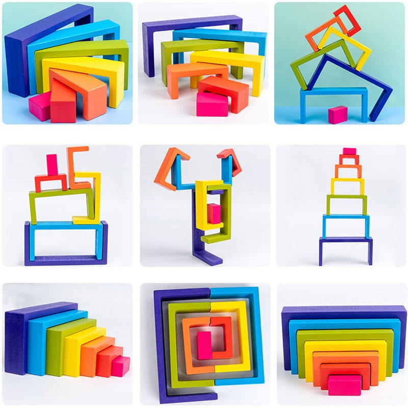 Creative Rainbow Blocks Wooden Toys Kids Geometric Building Blocks House Montessori Educational Stacker Wooden Toys Gifts