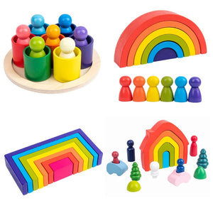 Creative Rainbow Blocks Wooden Toys Kids Geometric Building Blocks House Montessori Educational Stacker Wooden Toys Gifts